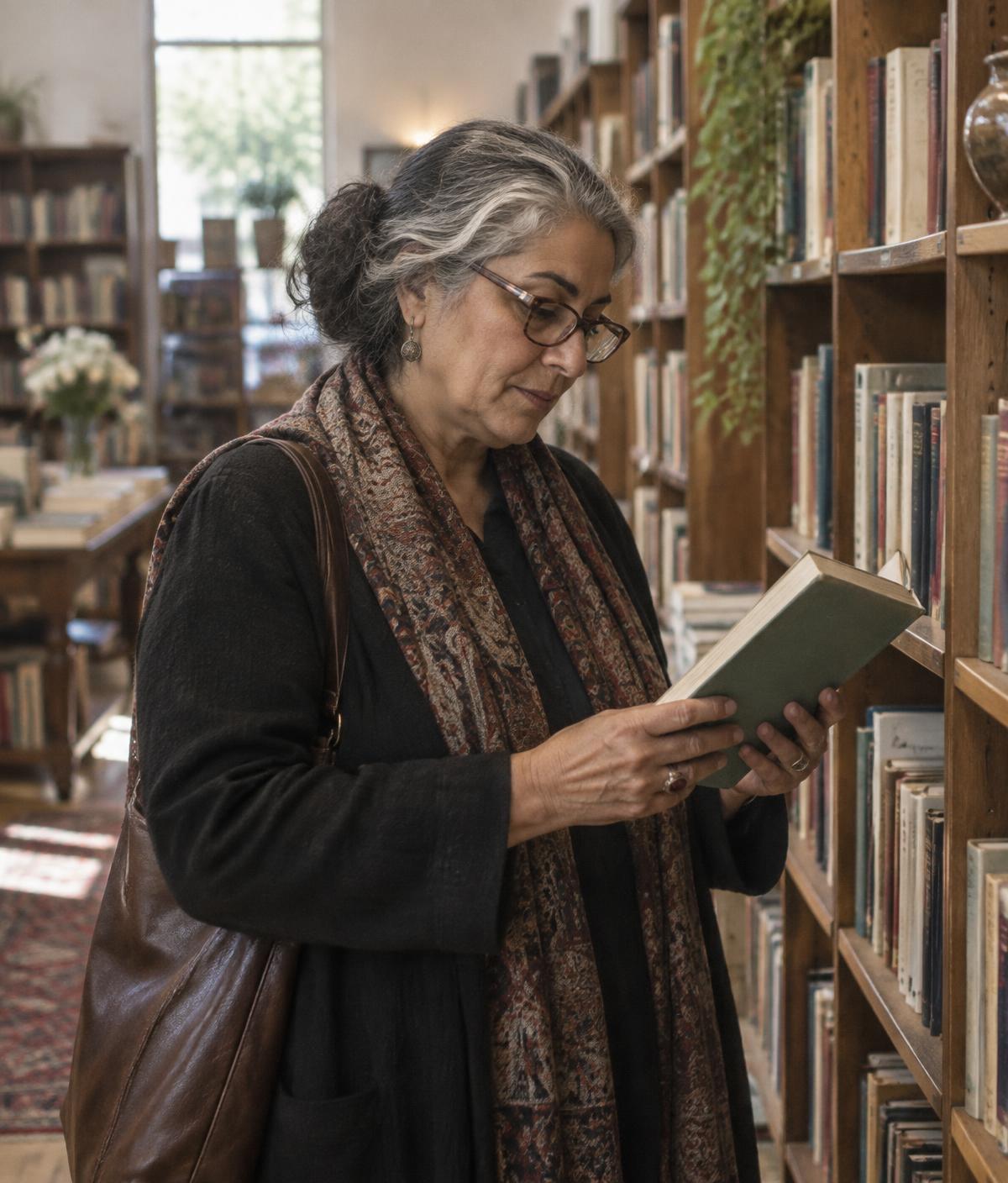 A woman in her late fifties reading quietly among the shelves of an independent bookstore