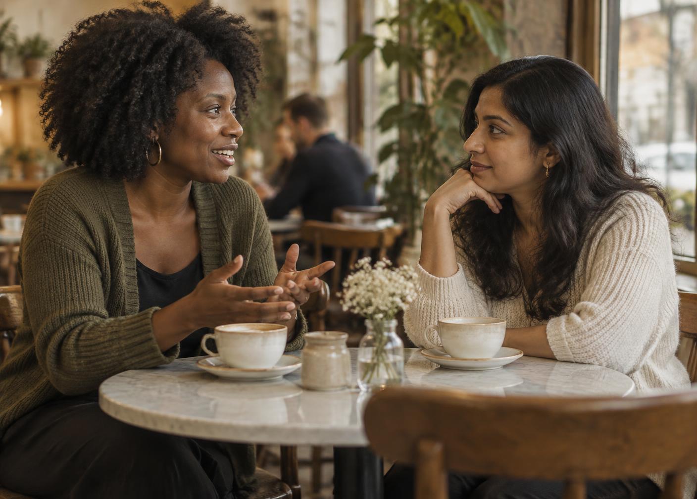 Two women talking over coffee at a small neighbourhood cafe table