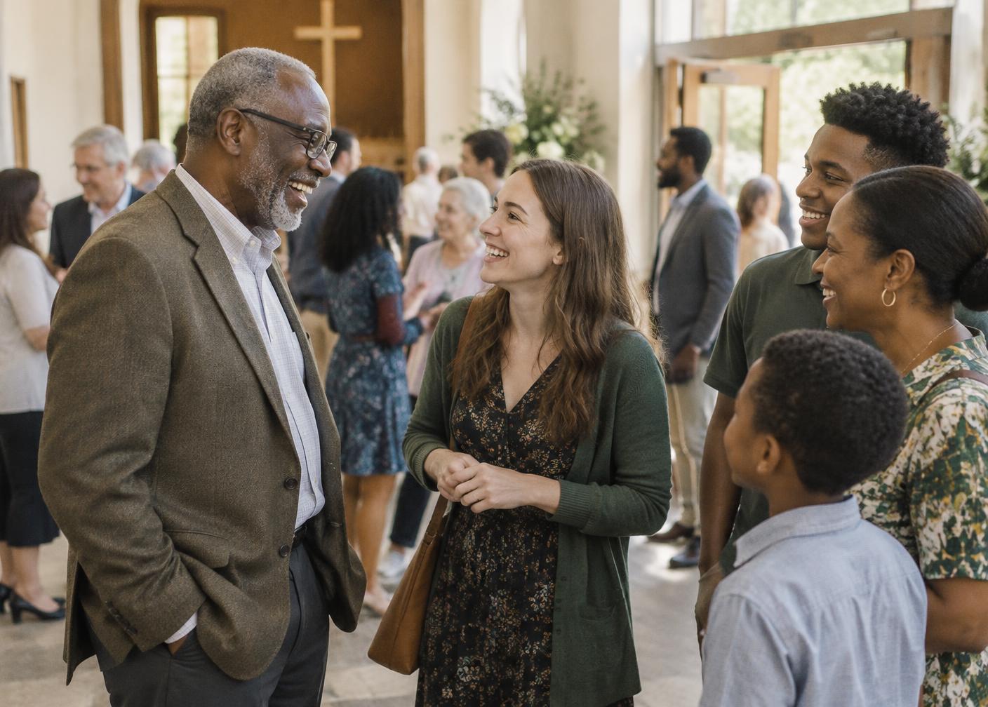 People of many ages and backgrounds talking in a church lobby after a service