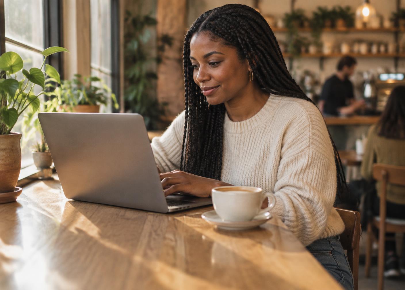 A young woman working on a laptop with coffee at a sunlit cafe counter