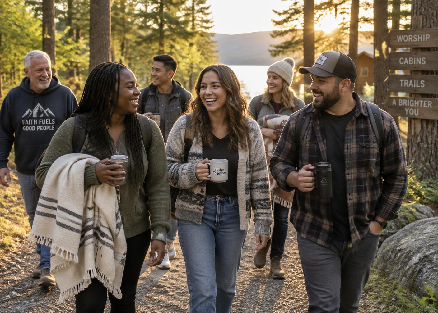 A group walking a wooded trail together in golden evening light