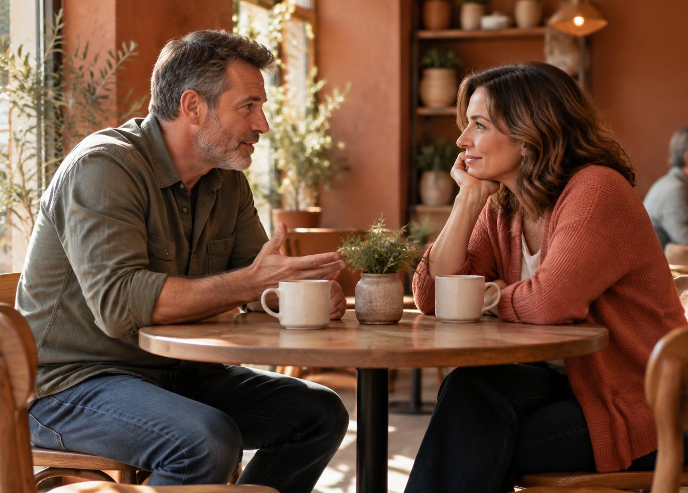Two people sitting across a small cafe table in unhurried conversation