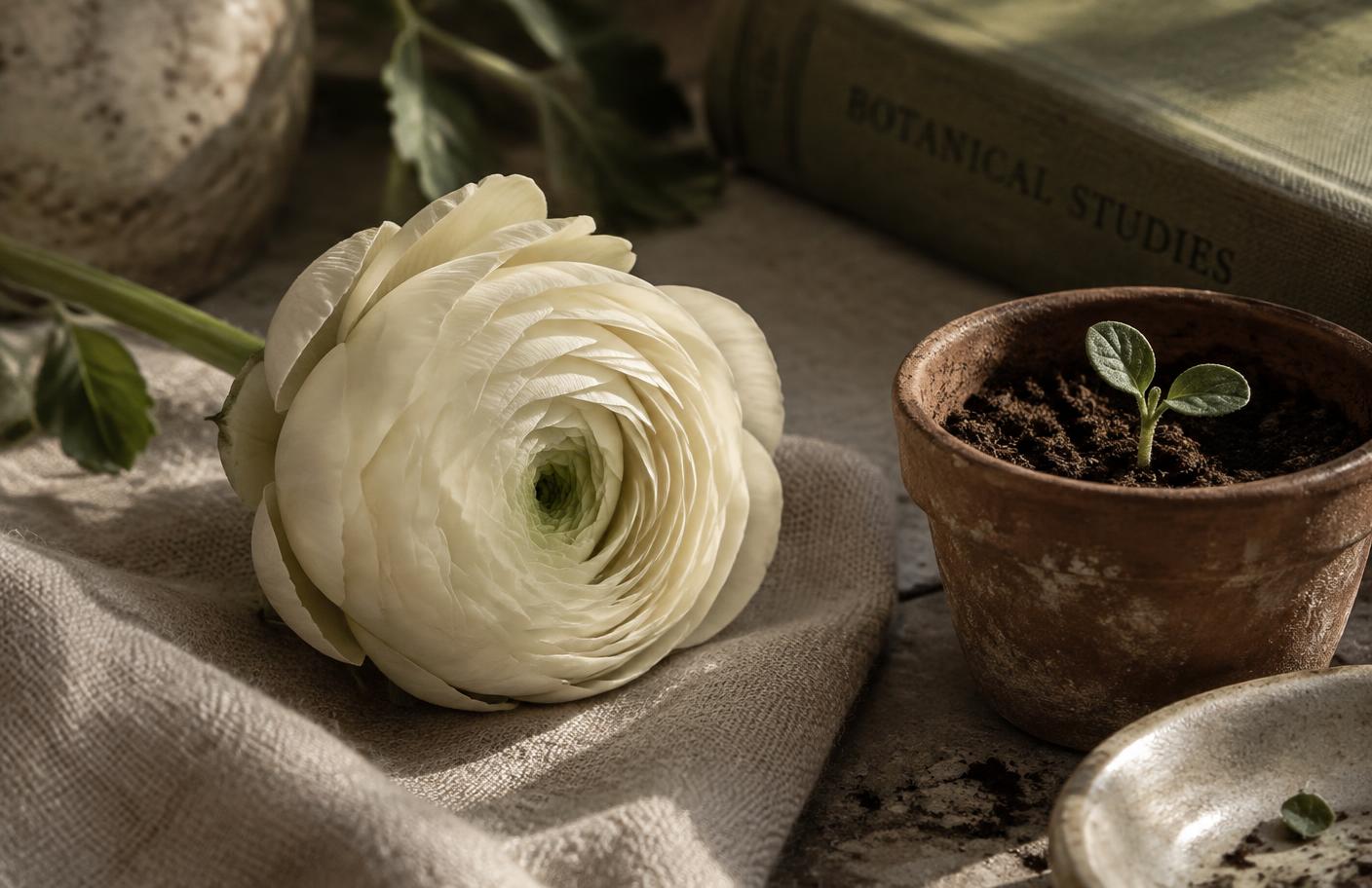 A single flower opening on a slim green stem, lit by soft morning light