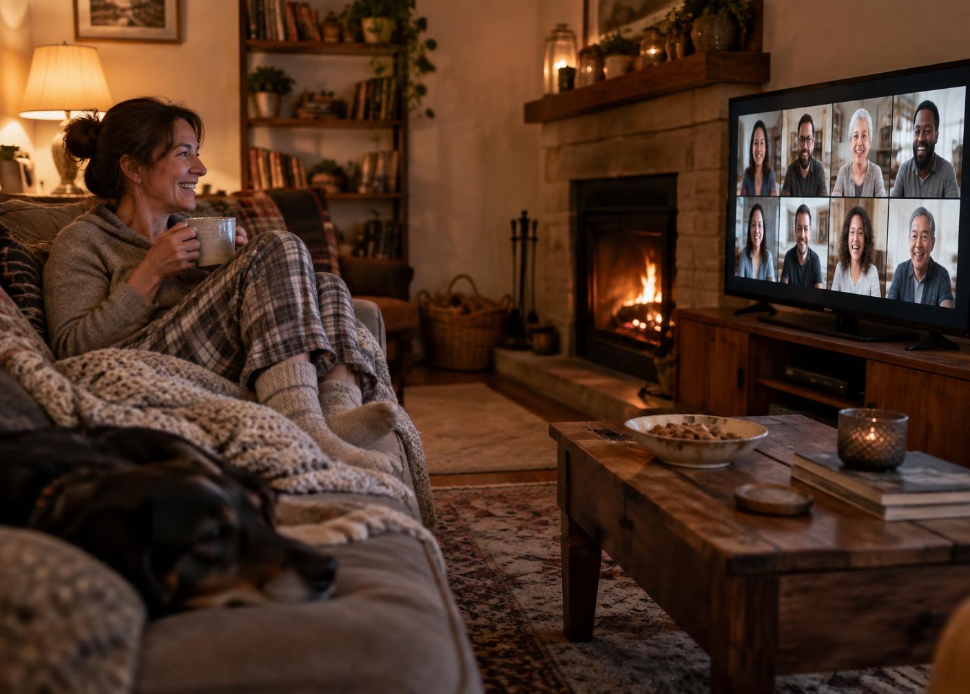 A woman in pyjamas by the fireplace joining an online community gathering on her television