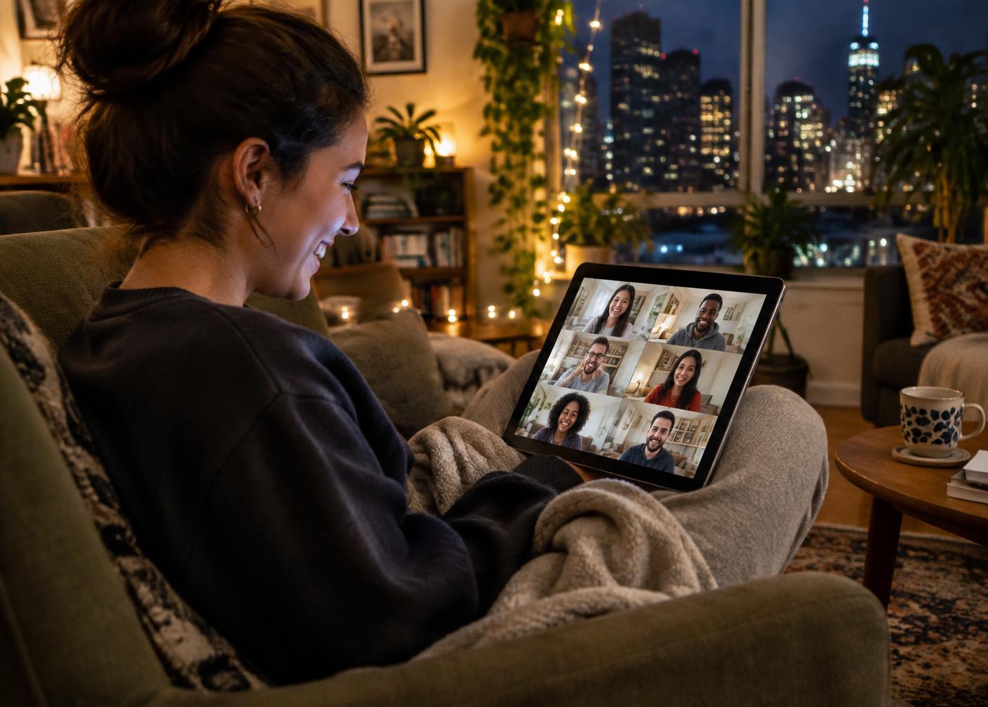 A woman laughing during an online community conversation from her armchair at home