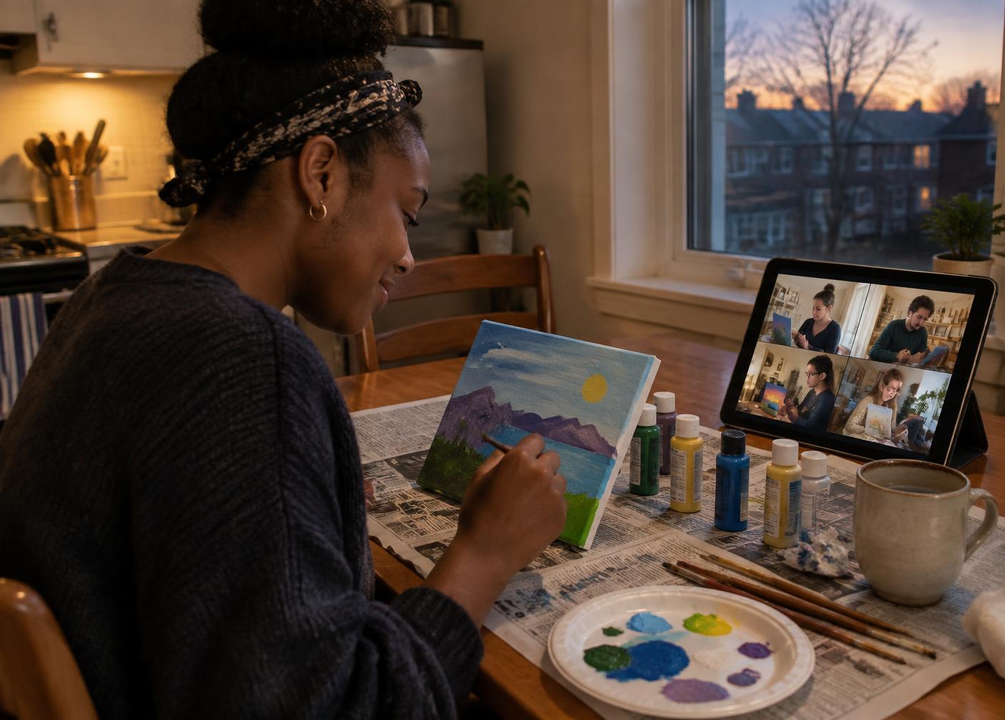 A woman painting at her kitchen table alongside other members joining from their own homes
