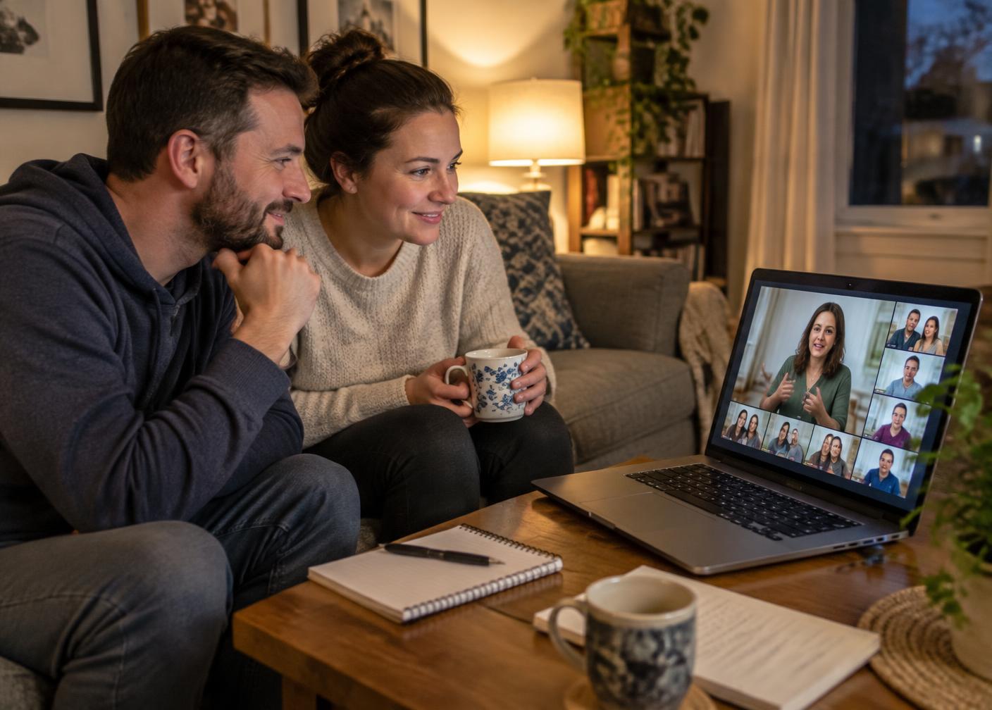A couple on their sofa watching a presenter and other members during an online seminar