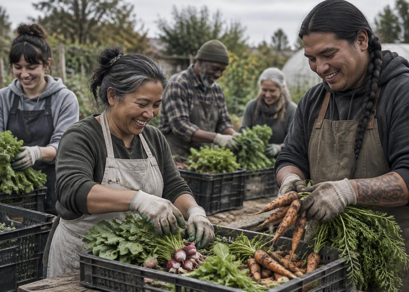 Adults of mixed ages sorting crates of vegetables together at a community garden